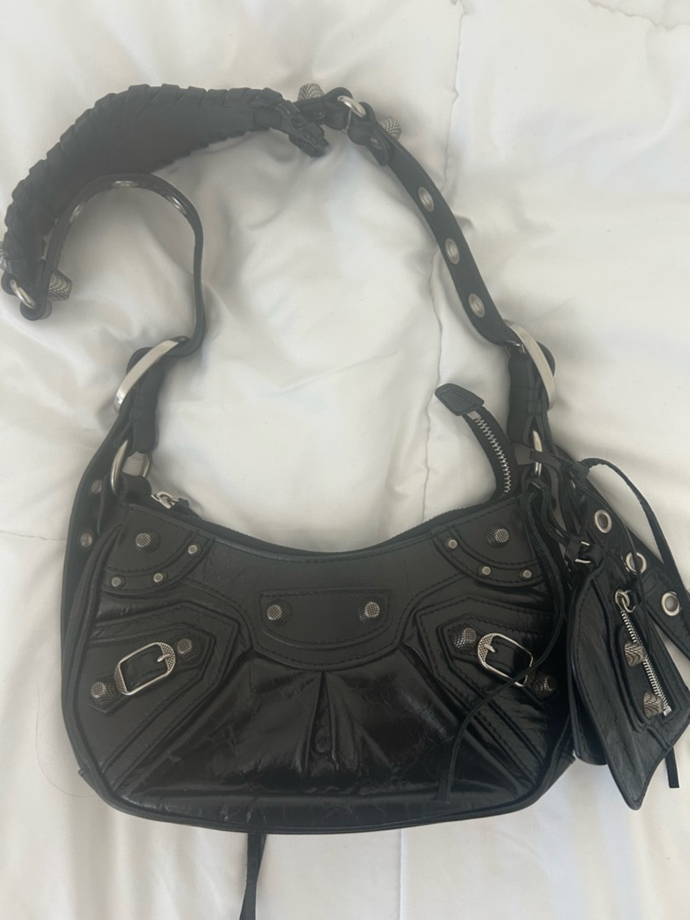 Black Leather Shoulder Bag with Studded Detail